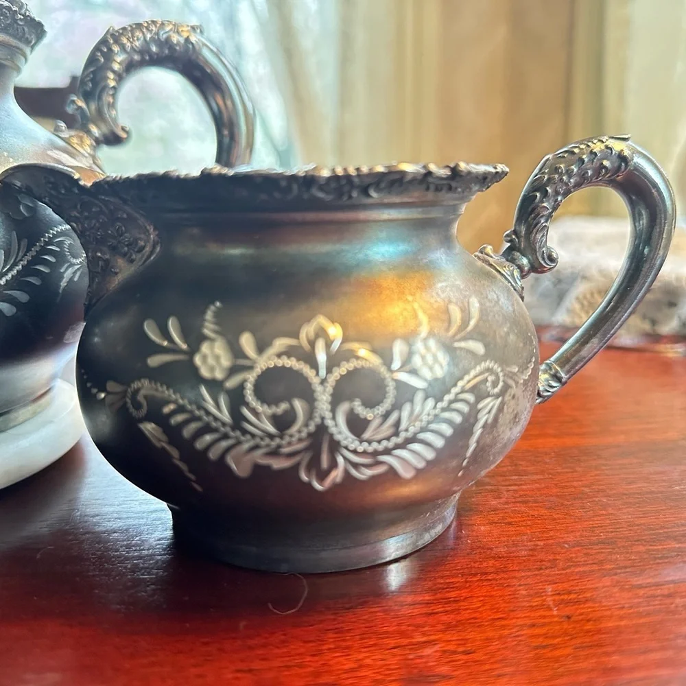 Antique Black Silverplate Tea Set – Teapot, Creamer & Sugar Bowl (EPNS)